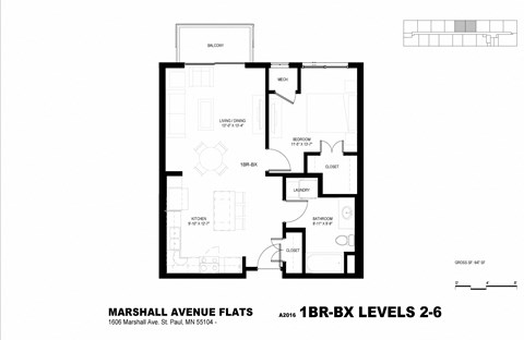 Floor plan for 1 bed, 1 bath, 638 sqft